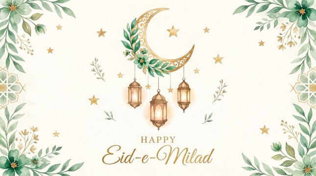 Watercolor illustration featuring crescent moon, lanterns, and floral elements for Eid-e-Milad celebration with decorative stars and greenery