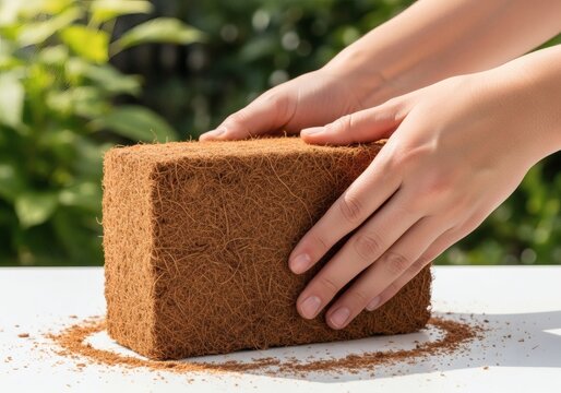 Hands Holding Compressed Coconut Coir Brick for Sustainable Gardening and Soil Improvement