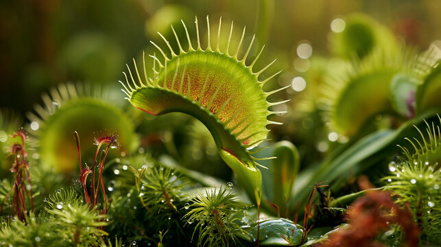 Close-up of a vibrant Venus flytrap plant with dew drops. Ideal for botany and nature concepts.