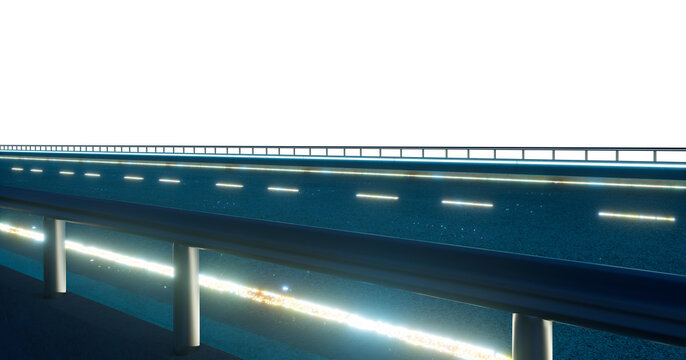 3d rendering highway road guardrail with glowing lane lines at night