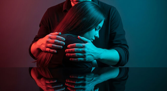 A man embraces a woman with his arms, in a scene illuminated by red and teal light, symbolizing connection and support, representing emotional intimacy and care.