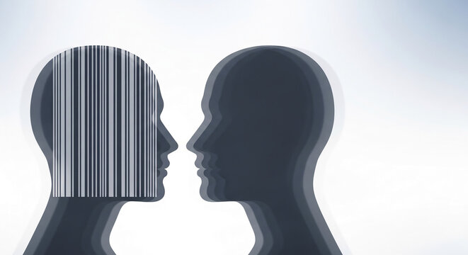 Silhouette of two heads facing each other, one with a barcode pattern, symbolizing identity, data, and individuality in a digital world