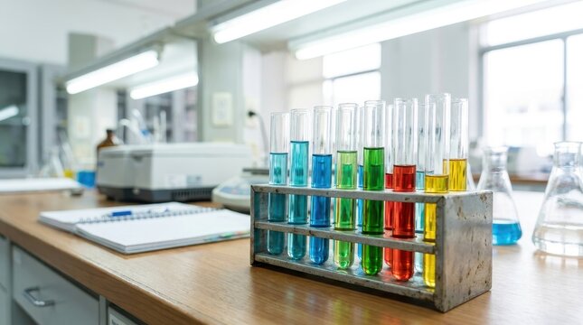 Assorted colored liquids fill scientific test tubes arranged in a laboratory rack for analysis.