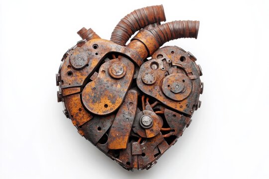 Intricate mechanical heart made from aged rusted metal plates and gears