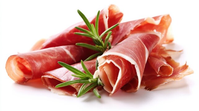 Fresh prosciutto ham slices with rosemary garnish, Italian cured meat appetizer on white background for deli menu