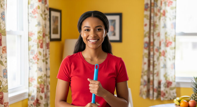 Smiling woman in red shirt holding mop, symbolizing home cleaning, domestic task, and cheerful domesticity, represents a happy homemaker