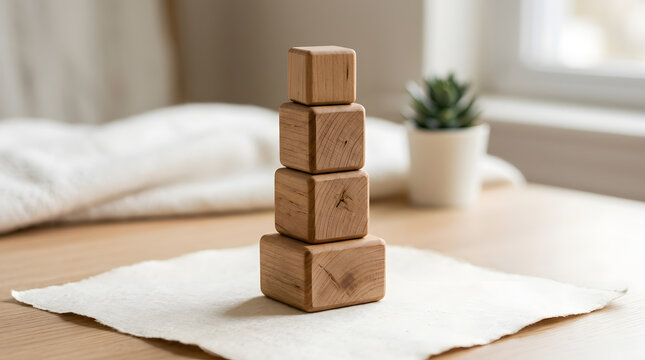 Minimalist stack of four natural wooden blocks on a table in a bright interior environment