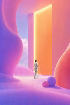 Man approaching glowing doorway in surreal pink abstract space. Concept of new opportunities, career change, business transformation and future technology.