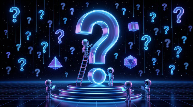 Futuristic 3d illustration of small robots exploring a giant glowing neon question mark on a digital platform with floating geometric shapes and symbols