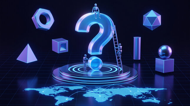 3d illustration of a glowing question mark with abstract geometric shapes and human figures on a digital world map background representing global inquiry