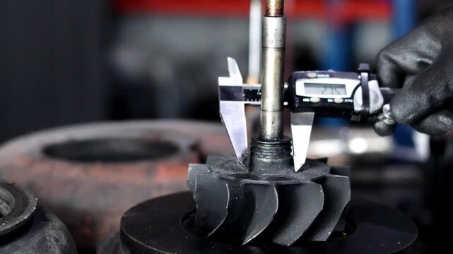 Measuring Turbocharger Shaft Diameter with Digital Caliper.