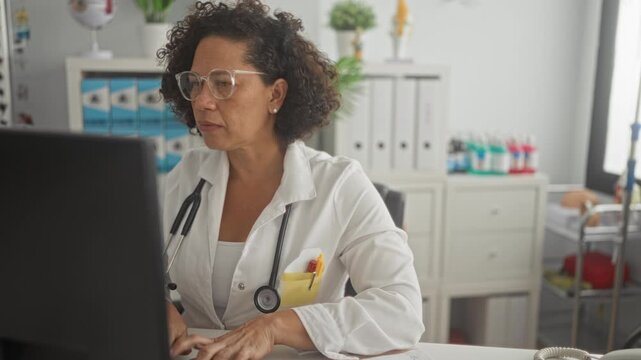 Woman doctor typing on computer with stethoscope and pen in pocket at clinic desk reviewing records; attentive care.
