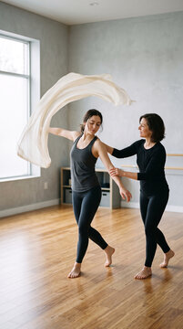 Two women dancing with sheer fabric in a studio, symbolizing grace, movement, and artistic expression, perfect for wellness or performance concepts