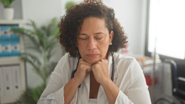 Middle aged hispanic woman doctor in white coat with stethoscope resting chin on clasped hands in clinic office with files and plant; fatigue compassion.