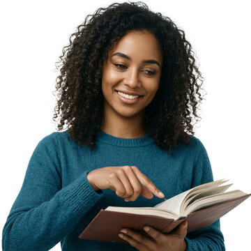 Woman reading book pointing at page isolated on a transparent background for educational and lifestyle concepts