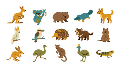 Obraz premium Set of cute cartoon australian animals including kangaroo koala platypus dingo kookaburra echidna tasmanian devil quokka emu cassowary and lizard