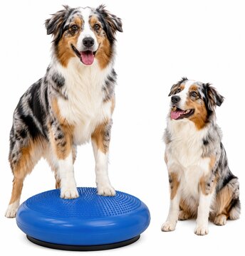 Two happy australian shepherd dogs training with a blue balance disc