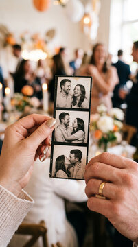 A photo booth strip showcases a couple's joyful moments, from laughter to a kiss, representing love and shared memories at a celebration.