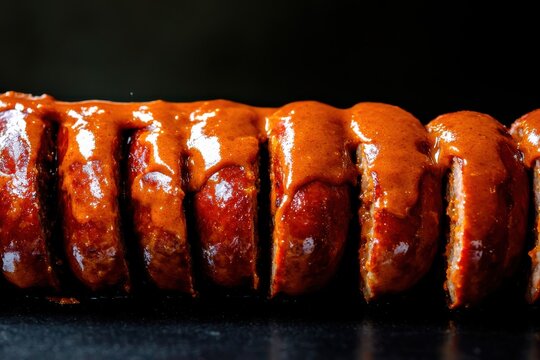 Currywurst a popular german street food served with spicy curry sauce for a delicious snack on black background