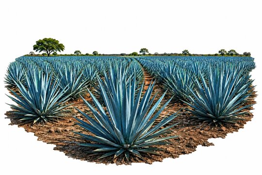 Blue agave plants growing in a field isolated on white background