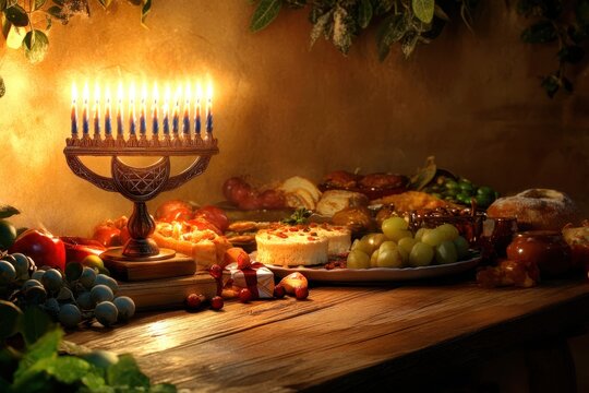 Hanukkah menorah with glowing candles lit against a color background for traditional holiday celebration