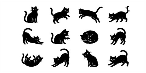 Obraz premium A collection of twelve black cat silhouettes showing various cute poses and movements on a clean white background
