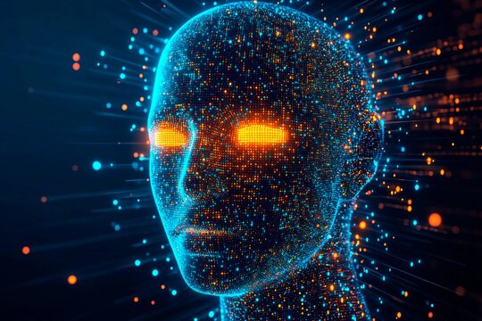 Glowing pixelized face with vibrant colors and digital effects depicting an abstract human figure in a creative concept