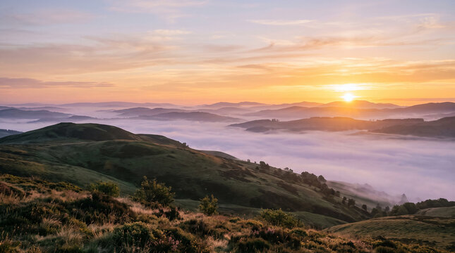 Golden sunrise over misty mountains and rolling green hills, symbolizing peace, nature, and new beginnings, perfect for serene, travel, or escapism themes