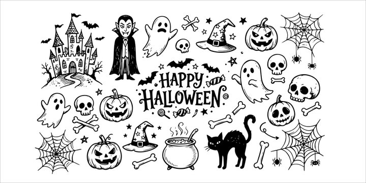 Set of hand drawn halloween elements including haunted castle vampire ghost pumpkin skull spider web witch hat and cat