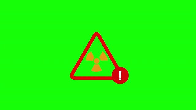 2D Radiation Warning Sign with Red Hazard Triangle and Alert Symbol on Green Screen