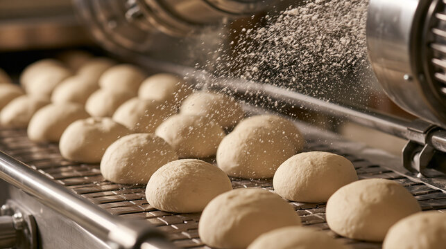 Industrial conveyor belt dusting flour over fresh dough balls in a bakery. Commercial food production concept.