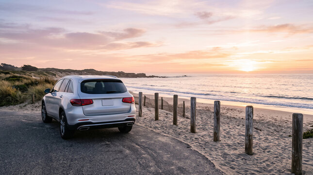 Silver car parked by sandy beach at sunset, representing travel, freedom, and coastal road trips