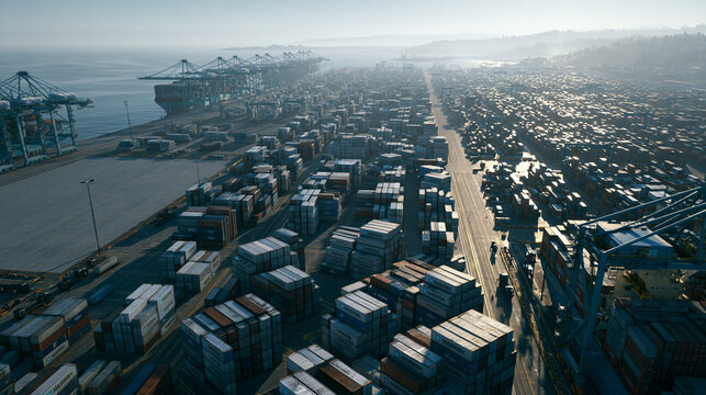 Massive shipping container terminal landscape with loading cranes and stacks of metal crates.