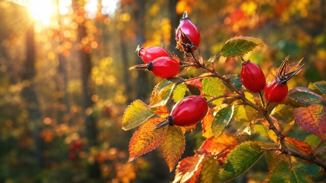 Bright red rose hips on autumn branch glowing in golden forest sunlight with colorful seasonal foliage