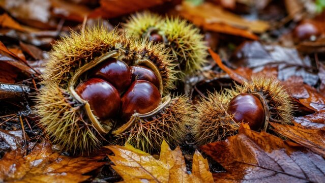 Chestnuts in spiky burrs resting on wet autumn leaves in forest showcasing seasonal harvest beauty