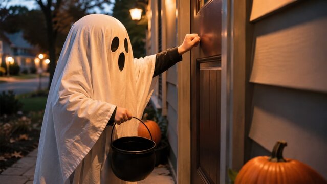 Child in ghost costume knocking on front door with candy bucket during Halloween trick or treat