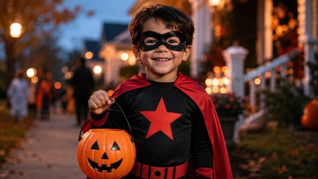 Smiling child in superhero costume holding a Halloween pumpkin bucket while trick or treating at dusk