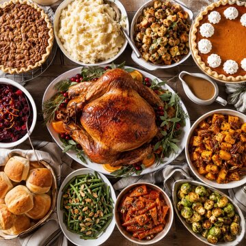 Thanksgiving dinner table with roasted turkey pies vegetables stuffing and festive side dishes