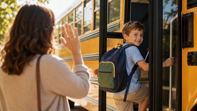 Schoolboy with backpack boarding a yellow school bus while his mother waves goodbye