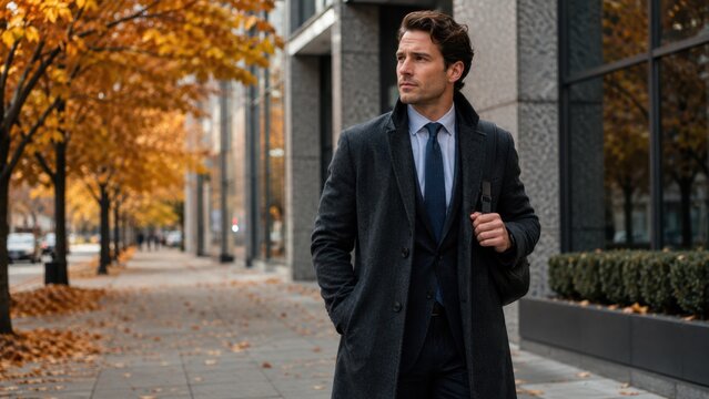 Businessman walking on an autumn city street wearing a formal suit tie and dark coat
