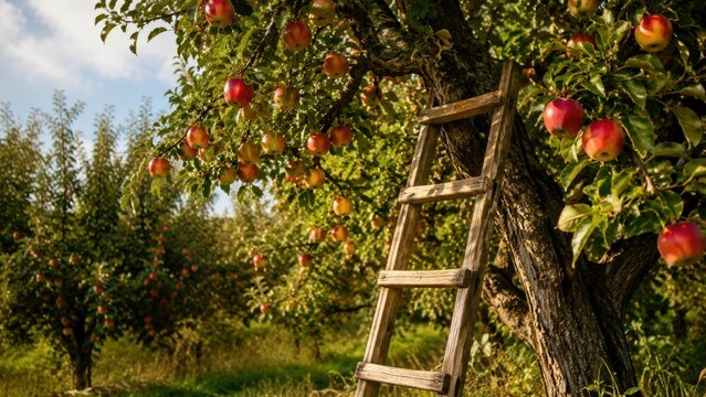 Ripe red apples growing on orchard tree beside wooden ladder during autumn harvest season