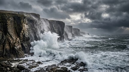 Fototapeta premium Dramatic Coastal Cliffs Bathed in Crashing Ocean Waves Under a Stormy Sky