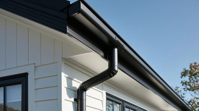 Modern black rain gutter and downpipe installed on a white house exterior. Ideal for architecture and home improvement.