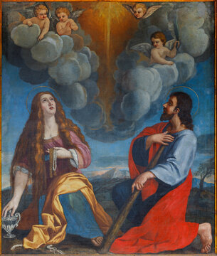 PIETRASANTA, ITALY - JUNE 24, 2026: The painting of St. Mary Magdalene and James the Greater the apostle  in the church Cattedrale di San Martino by Alessandro Cominotti (1658).