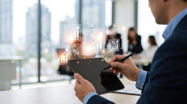 Digital financial data analysis on tablet. Businessman tracking stock market growth and investment statistics in modern office.