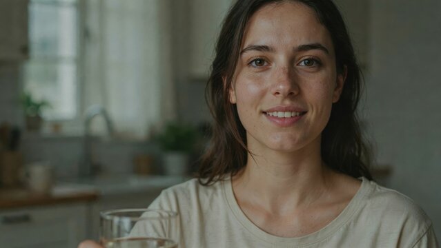 Primer plano de una mujer con una sonrisa amable y aut&eacute;ntica, que resalta el bienestar facial, la belleza natural y unos dientes de aspecto saludable