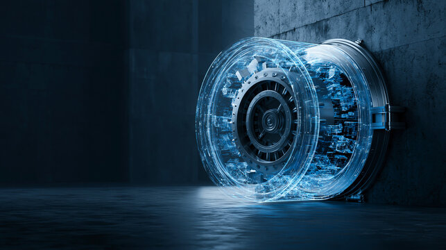 Metallic vault door with glowing abstract digital holographic structure representing modern encryption and high level cyber security.