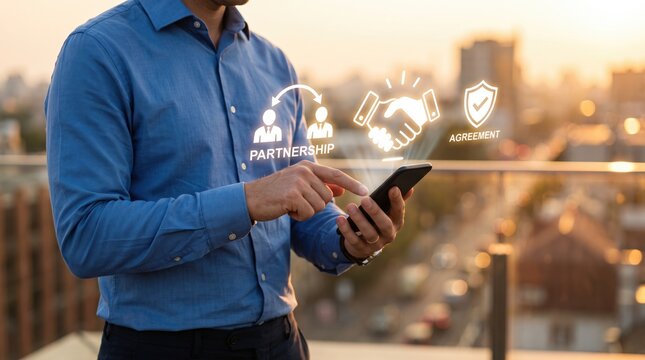 Digital partnership concept with businessman using smartphone, business agreement icons and partnership text, professional networking
