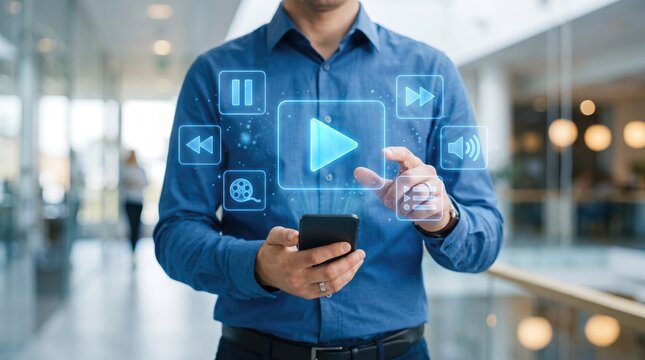Futuristic digital media interface, businessman using smartphone with virtual video player icons, streaming technology concept