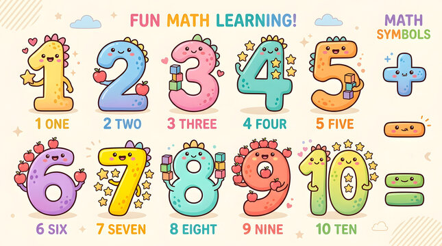 Fun math learning illustrated numbers one to ten with cute cartoon characters and symbols.